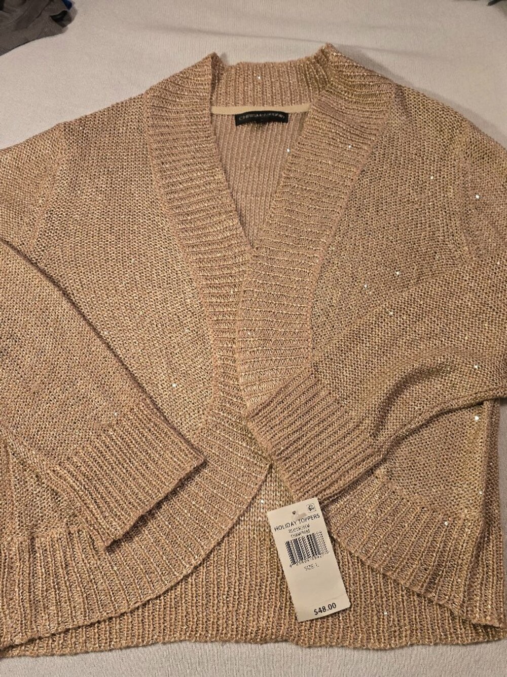 Chris McLaughlin Holiday Toppers Sequin Shrug Cardigan Champagne Gold Knit Large